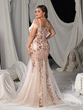 Plus Square-Neck Cold-Shoulder Mermaid Gown with Floral Sequin Embroidery & Tulle Details